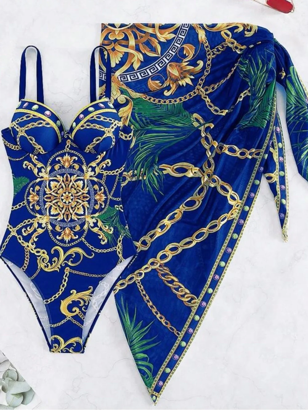 Navy Blue & Gold Chain Print One-Piece Swimsuit with Beach Skirt